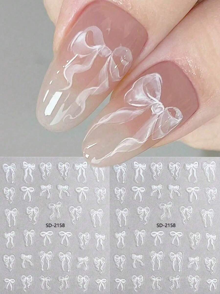 1pc/2pcs Autumn/Winter New White Lace & White Bow Nail Stickers, Multiple Lace-Textured Ribbon Bow Designs, Transparent White Tone With Delicate Lace Texture, Nail Salon Style Printed Stickers, Sweet Vibe Nail DIY Craft Materials - White - View 1