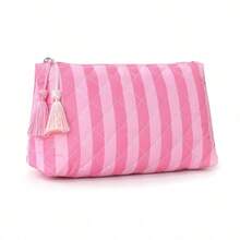 Striped Quilted Make Bag With Tassel Zipper, Large‑Capacity Makeup Pouch, Travel Toiletry Storage Organizer, Cash Coin Purse,Card Holder; Clutch Bag - Multicolor - View 11