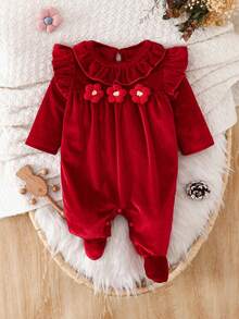 Baby Girls Cute Ruffled Collar 3D Floral Decor Ruffle Long Sleeve Solid Color Footed Gold Velvet Romper - Red - View 2