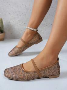 Square Toe Mesh Leopard Print Women's Flat Shoes, Fashionable Comfortable Breathable Mary Jane Ballet Flats, Daily Commute Slip-On Loafers, Summer Mesh Shoes - Leopard Print - View 3
