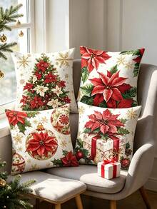 Christmas Decorative Pillow Covers (4pcs/1pc) - Printed With Christmas Red, Christmas Tree, Christmas Ball And Gift Box Patterns, Suitable For Sofa Or Bedroom; Made Of Soft, Durable, Washable And Fade-Resistant Fabric; Christmas Home Decor (Pillow Insert Not Included) - Multicolor - View 1
