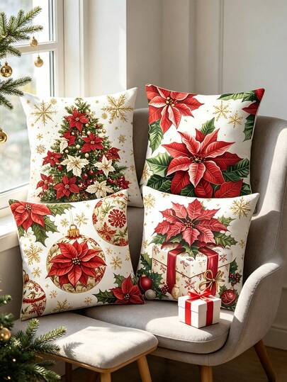 Christmas Decorative Pillow Covers (4pcs/1pc) - Printed With Christmas Red, Christmas Tree, Christmas Ball And Gift Box Patterns, Suitable For Sofa Or Bedroom; Made Of Soft, Durable, Washable And Fade-Resistant Fabric; Christmas Home Decor (Pillow Insert Not Included)