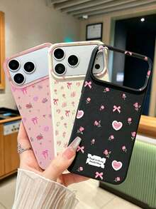 3pcs White Lychee Texture Matte Minimalist Lens Protection Black Floral Fresh Pattern Phone Case Personalized Suitable For IPhone 16 Pro Max 17/16/15/14 Plus/13/12/11 Protective Case Air Suitable For Samsung Series - Multicolor - View 4