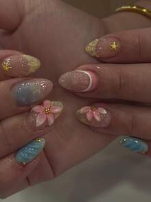 24片短杏仁形秋季美甲貼紙，黃色水波紋法式3D葡萄柚粉色花朵美甲，合金壓入式凝膠美甲套組（含1片果凍膠和1片美甲锉），適合女性日常、約會與派對 - 彩色 - 查看 8
