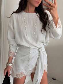 Women's Elegant 2 Pieces Set, Contrast Color Lace Detail Round Neck Long Sleeve Top With Bodycon Mini Skirt, Casual Cute Style Spring/Autumn Women's 2 Pieces Set - Dusty Blue - View 1