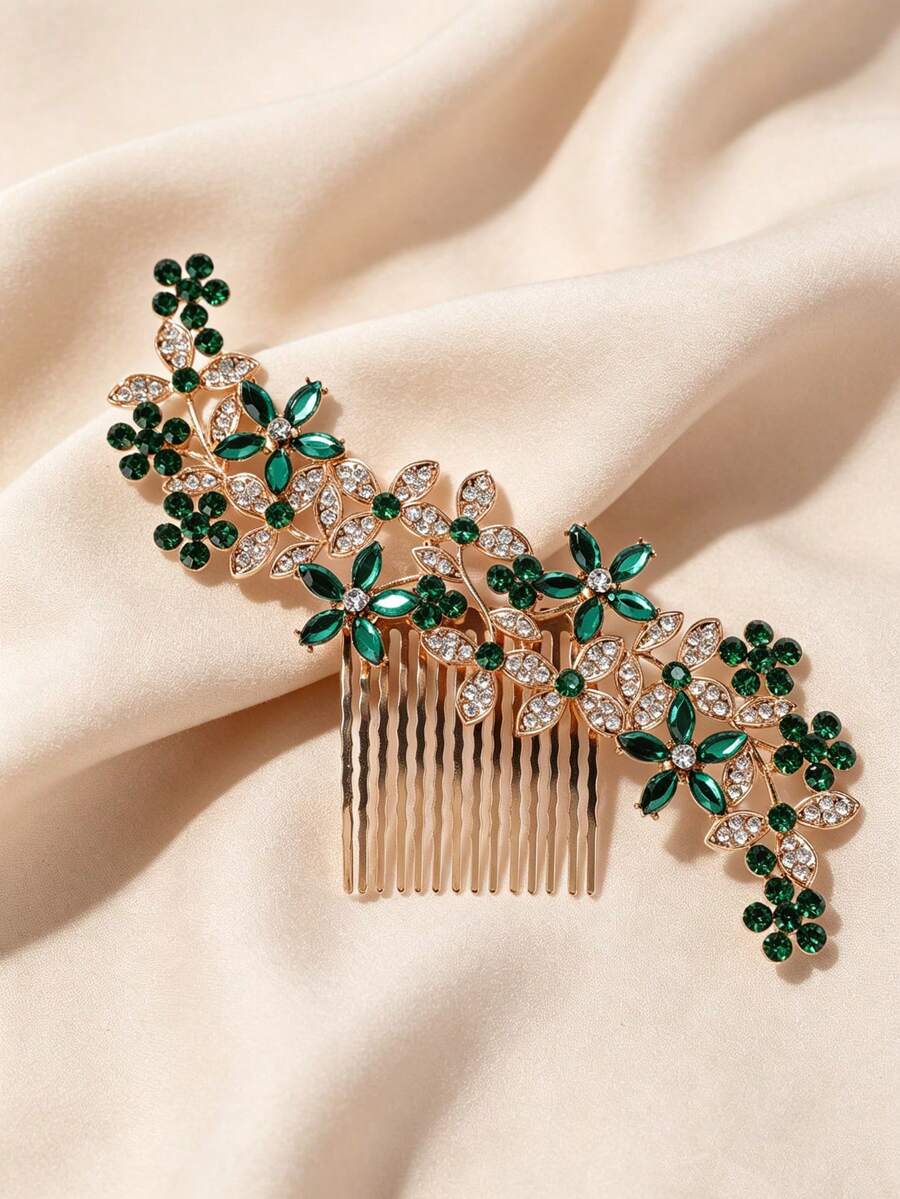 1pc Women's Fashion High-End Rhinestone Flower Hair Comb Hair Accessory - Green - View 1