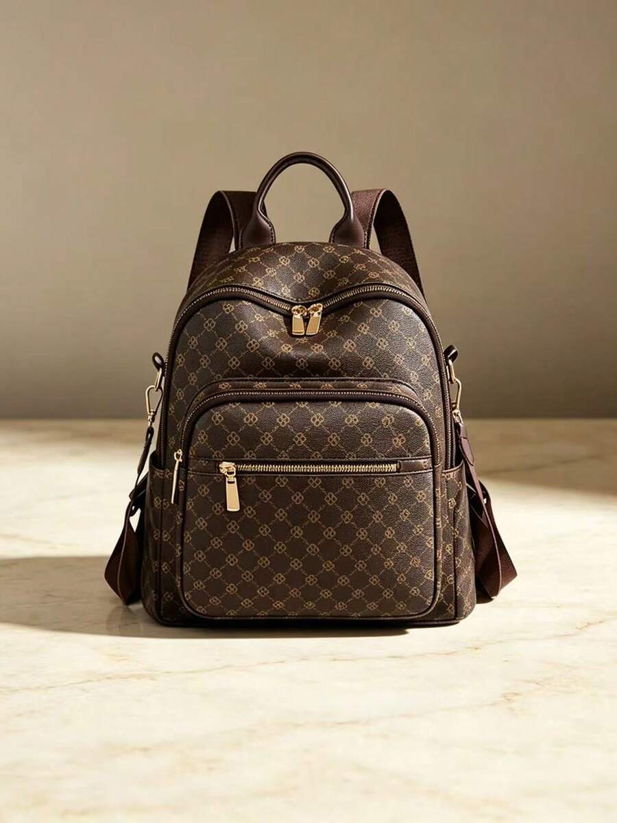 Men's Vintage Geometric Print Backpack Large Capacity Travel Daypack Anti-Theft Lock Design Casual Business Shoulder Bag With Side Pockets - Coffee - View 1
