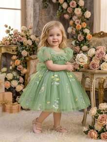 Baby Girls Puff Sleeve Embroidered Mesh Cute Birthday Dress, Random Floral Pattern Fabric, Headband Not Included - Green - View 6