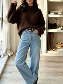 Women's Solid Color Ribbed Crew Neck Long Sleeve Sweater, Casual College Style Brown Fall - Brown - View 3