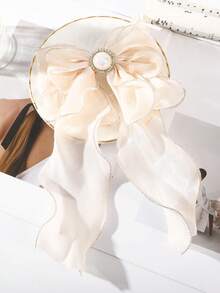 1pc French Style Gentle Pearlescent Tulle Large Bow Spring Hair Clip, Rhinestone & Faux Pearl Long Ribbon Half-Up Hair Clip, Elegant Versatile Hair Accessory For Formal Dress And Party - Beige - View 2
