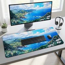 海岸山脈風景清新圖案特長版電競滑鼠墊與桌墊套組，防滑耐用橡膠底座，光滑表面，適用電腦筆電辦公室居家，抽象藝術裝飾，開學季用品 - A - 查看 6
