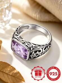 S925 Sterling Silver Vintage Carved Square Purple Zirconia Wide Band Ring Men's Luxury Distressed Finger Ring Gift Box Set - Silver - View 6