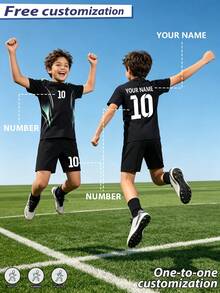 [Customized]Boys & Girls Personalized Name & Number Custom Jersey Set, Children's Sports Burn-Out Print Short Sleeve Jersey & Shorts 2 Pieces Outfit For Soccer, Sports, Cycling - Black - View 5