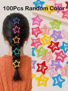 100Pcs Random Multi-Color Metallic Star Snap Hair Clip - Women Y2K Non-Slip Barrette For Party & Daily Streetwear Fashion Outfits - Multicolor - View 14