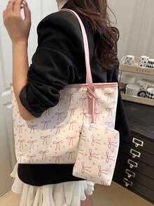 1pc Fashion Contrast Color Bow Print Shoulder Bag, Minimalist Lightweight, Multi-Pocket Design, Large Capacity, With Laptop Compartment - White - View 2