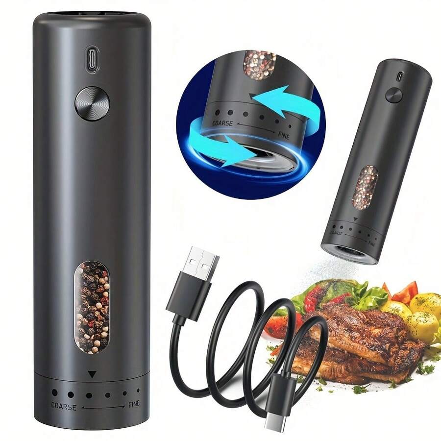 SOKANY 1pc Smart Electric Pepper Grinder, Type-C Rechargeable (With 300mAh Lithium Battery), 110ml Large Capacity, With LED Light, 6-Level Adjustable Coarseness, Suitable For Grinding Various Spices, Perfect For Kitchen, Outdoor And BBQ Use