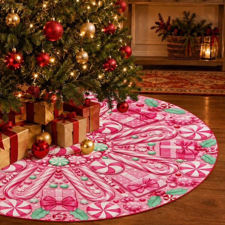 1pc Pink Candy Cane Pattern Christmas Tree Skirt, Elegant Holiday Decor, 5 Sizes, Unisex Holiday Gift, Suitable For Home And Party Christmas Home Decoration - Pink Candy Cane - View 5