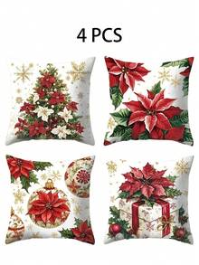 Christmas Decorative Pillow Covers (4pcs/1pc) - Printed With Christmas Red, Christmas Tree, Christmas Ball And Gift Box Patterns, Suitable For Sofa Or Bedroom; Made Of Soft, Durable, Washable And Fade-Resistant Fabric; Christmas Home Decor (Pillow Insert Not Included) - Multicolor - View 9