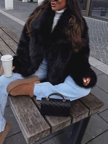 Women's Fashion Faux Fur Long Sleeve Cardigan, Comfortable Plush Solid Color Regular Fit Autumn/Winter Jacket, Casual Daily Commute - Black - View 5