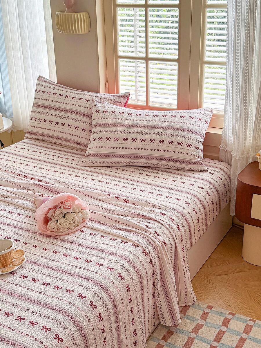 1pc Red Bow Heart Print Bed Sheet, Cute Vintage Puff Gauze Polyester Single Bed Sheet, Soft & Breathable, Machine Washable - Red and White - View 1