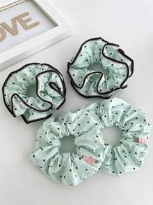 1pc Fresh Mint Chocolate Polka Dot Double Layer Fabric Trim Scrunchie, New Niche Hair Accessory - Multicolor - View 1