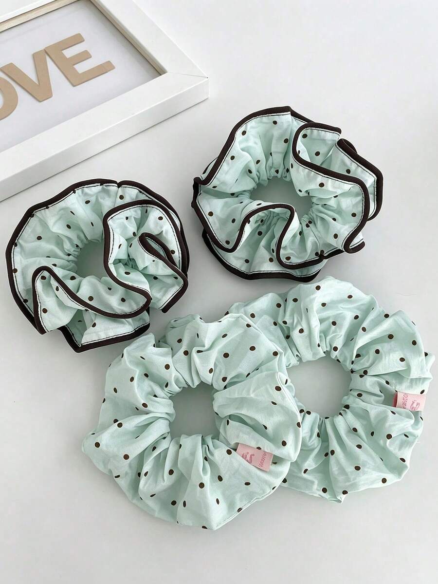 1pc Fresh Mint Chocolate Polka Dot Double Layer Fabric Trim Scrunchie, New Niche Hair Accessory - Multicolor - View 1