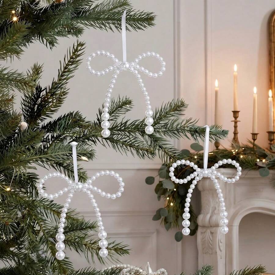 1/6pcs Christmas Pearl Bow Hanging Decorations, Christmas Tree Decor, Twisted Rope Bows, Suitable For Wreaths, Gift Wrapping And Wedding Decorations, Christmas Ornaments