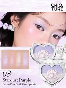 CHIOTURE Shell Sweetheart 3-Color Highlighter Palette, Menciptakan Kulit Bercahaya dan Lembap, Mencerahkan Wajah dan Sudut Dalam Mata, Putih dengan Kilauan Halus Ungu, Kilau Berlian, Kilau Mutiara Satin, Tekstur Mousse Krim, Palet Warna Multifungsi, Cocok untuk Pemula - 03 Bintang Ungu - View 1