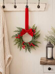 1/2/3pcs Christmas Wreath Garland, Artificial Cedar Wreath With Bows And Red Berries, Holiday Wall Door Decor For Home Party - Multicolor - View 6