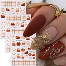 2 Sheets Fall Pumpkin Nail Stickers - Golden Glitter Plaid & French Tip Design, Autumn Nail Art Decals For DIY Manicure, Women & Girls - Orange - View 2