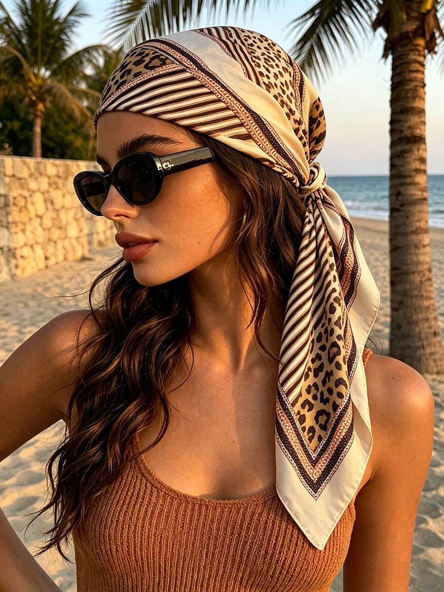 1pc Leopard Print Striped Square Satin Scarf, Vintage Headscarf/Neck Scarf, Soft Women's Fashion Accessory For Daily, Party, Travel - Multicolor - View 1
