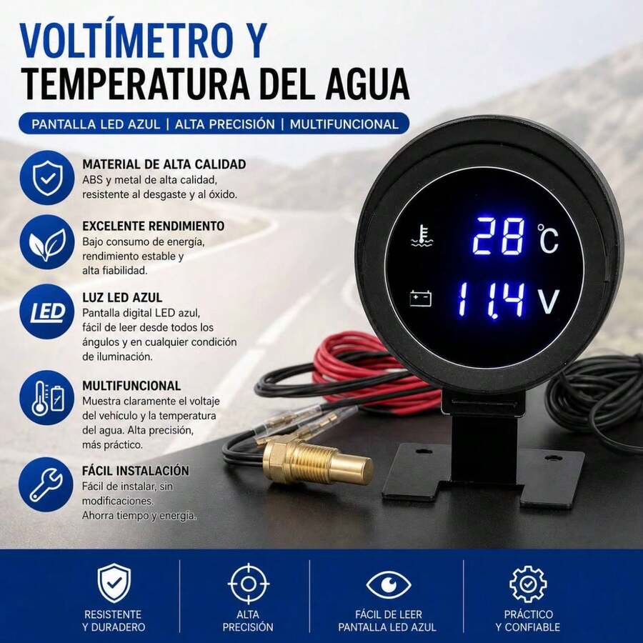 Digital Temperature Gauge And Car Voltmeter With Sensor, Round LED Voltmeter With Blue Light, Easy Installation And High Precision For Car, Motorcycle, ATV