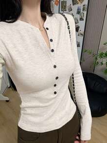 女款純色休閒長袖T恤內搭層 - 燕麥色 - 查看 2