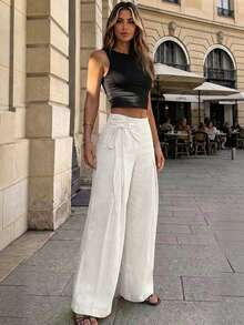 Perirose Minimalist Light Beige Wide Leg Pants, Single-Side Tie Design, Suitable For Spring/Summer Office Commute - White - View 1