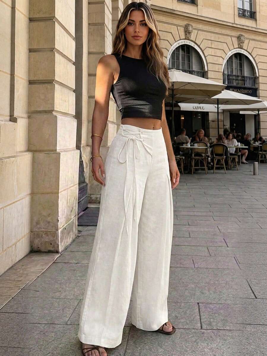 Perirose Minimalist Light Beige Wide Leg Pants, Single-Side Tie Design, Suitable For Spring/Summer Office Commute - White - View 1