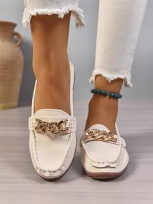 All Season New Driving Loafers Korean Style Round Toe Metal Chain Flat Casual Women's Loafers - White - View 6