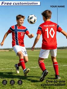 [Customized]Personalized Name Customization Celebrity Style #10 Number 2pcs Boys Girls Casual Soccer Uniform Set -Round Neck-Short Sleeve And Shorts Set- Polyester, Back To School Season Suitable For -Sports -Training And Casual Wear, Outdoor Perfect Choice - Red - View 2