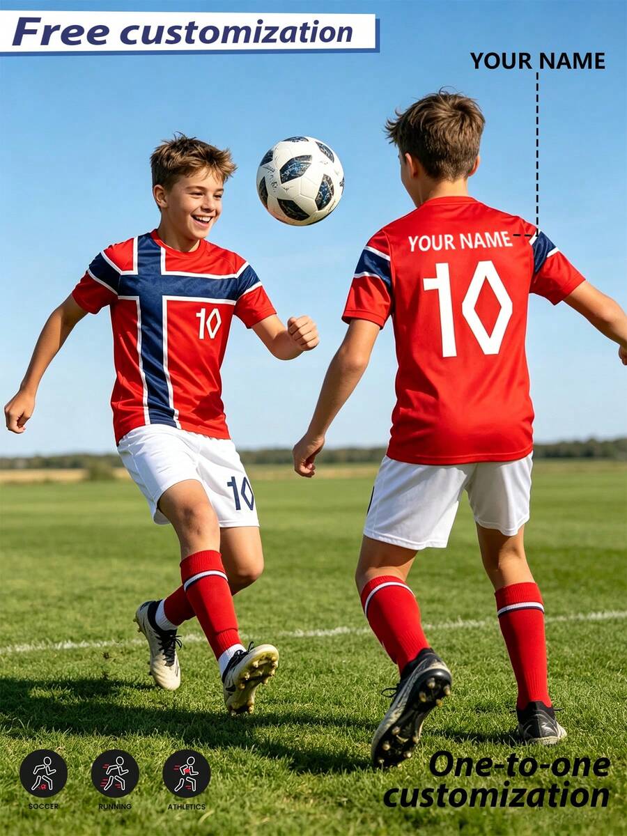 [Customized]Personalized Name Customization Celebrity Style #10 Number 2pcs Boys Girls Casual Soccer Uniform Set -Round Neck-Short Sleeve And Shorts Set- Polyester, Back To School Season Suitable For -Sports -Training And Casual Wear, Outdoor Perfect Choice