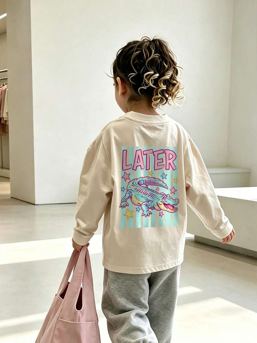 Girls Cute Crocodile LATER Letter Print Long Sleeve T-Shirt, Star Stripe Print Casual Top - Apricot - View 1