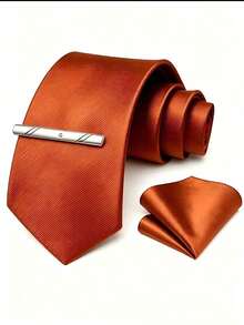 1 Set Men's 8cm Textured Tie, Pocket Square And Tie Clip Set, Wedding Party Groom Tie Set - Burnt Orange - View 2