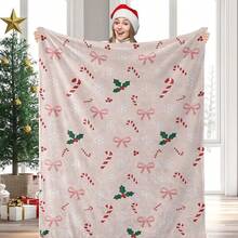 1pc Sweet Pink Christmas Bow Candy Cane Digital Print Flannel Blanket - Modern Style, Soft Polyester Knitted Fabric Comfortable For All Seasons, Multi-Purpose, Suitable For Sofa, Bed, Travel, Camping, Chair, Gift Blanket - Baby Pink - View 10