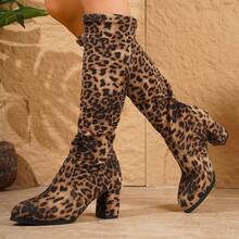 Women's New Solid Color Elastic Tall Boots, 7cm Chunky Heel Round Toe Suede Slip-On Boots, Plus Size 43, Fashion Versatile Casual Shoes - Multicolor - View 3