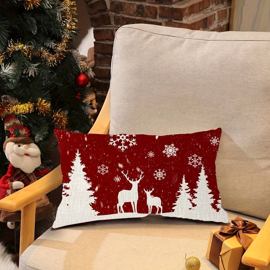 2 Buah Sarung Bantal Dekoratif Natal, Motif Salju Musim Dingin, Rusa Kutub, dan Siluet Pohon Pinus, Dekorasi Natal/Dekorasi Rumah/Dekorasi Kamar, Cetak Satu Sisi, Isian Bantal Tidak Termasuk - Merah - View 1