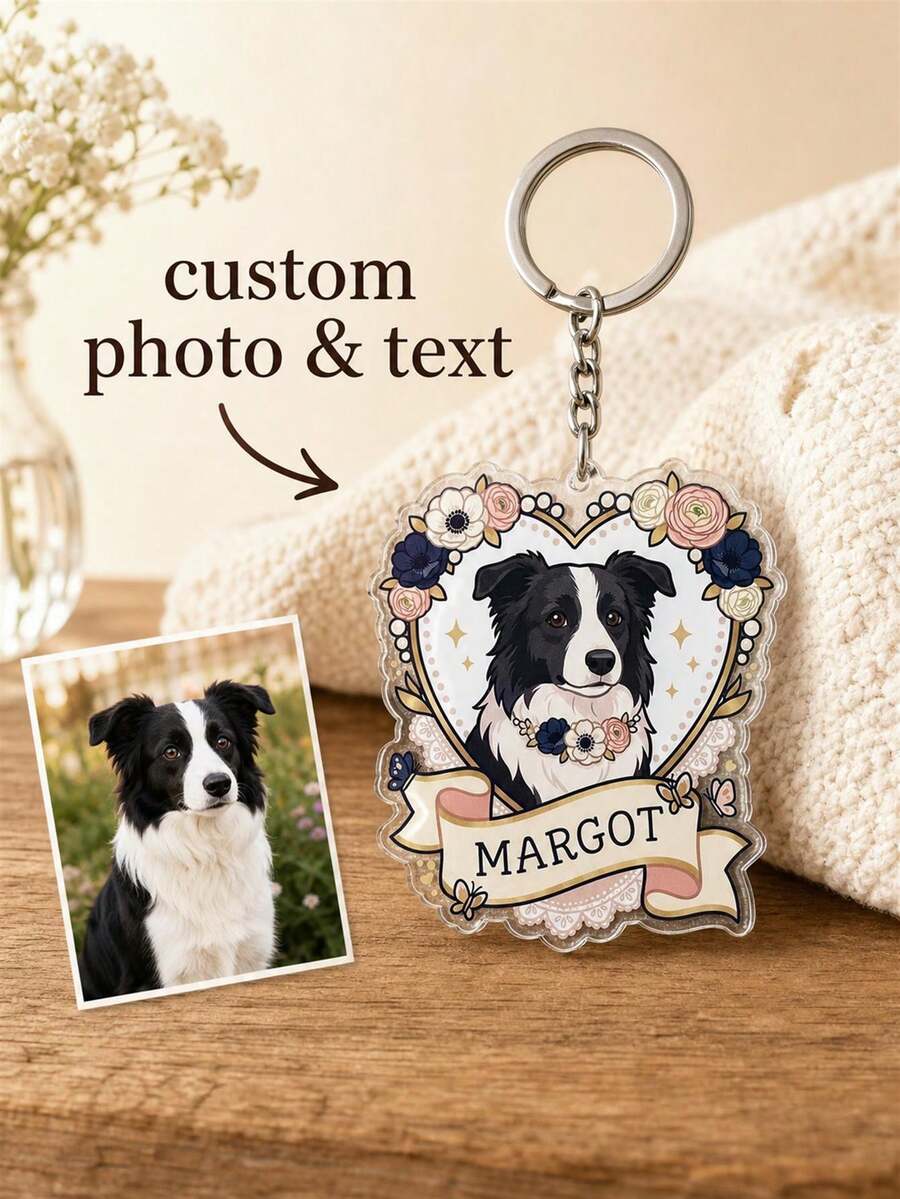 Personalized Photo Cartoon Portrait Keychain, Custom Pet Name Keepsake Bag Charm With Floral Heart Portrait, Gift For Pet Owners And Animal Lovers - Multicolor - View 1