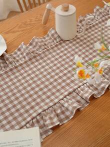 1PC French Vintage Washed Cotton Plaid Frill Trim Table Runner, Suitable For Outdoor Restaurant, Holiday Party, Garden Restaurant, Kindergarten Dining Table, Daily Home Tablecloth Decoration - Mocha Brown - View 3