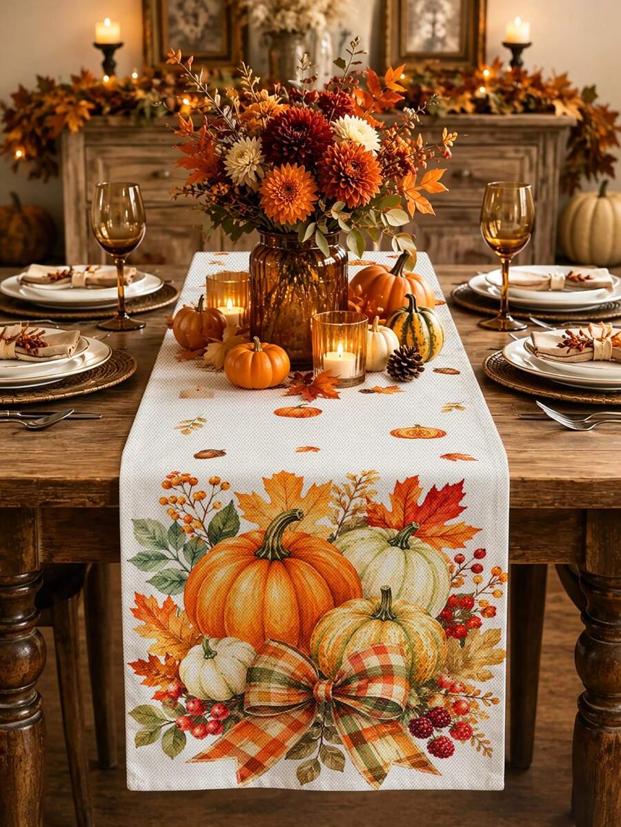 Thanksgiving Autumn Table Runner, Watercolor Pumpkin Berry Bow Pattern, Rustic Country Style, Autumn Holiday Dining Table Decor, Maple Leaf Pine Cone Floral Print, Linen Texture Tablecloth, Dining Room Kitchen Home Decor - Multicolor - View 1