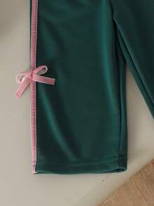 2pcs Baby Girl Casual Sporty Colorblock Raglan Crew Neck Short Sweatshirt & Side Ribbon Bow Straight Leg Pants Set, Spring Autumn - Dark Green - View 6