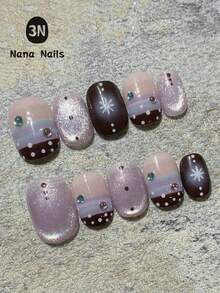 10pcs Pure Handmade Press On Nails Short Squoval Shaped, Purple Cat Eye Base With Snowflake Stars Polka Dots Rhinestone, Fake Nails For Women And Girls, Winter & Fall Nails, Glamour, Party, Daily Life Use - Mauve Purple - View 2