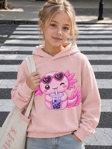 1pc Big Girls' Warm Thick Thermal Lined Hooded Sweatshirt, Student Children Autumn/Winter Long Sleeve Top - Pink - View 3