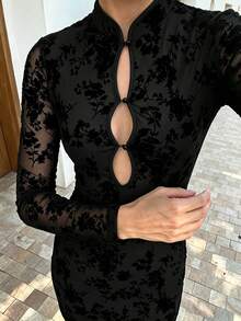 SUNSTORY Women's Autumn Black Flocked Floral Stand Collar Frog Button Front Hollow Mesh Long Sleeve Slim Fit Bodycon Mini Dress, Suitable For Party, Disco, Date, Homecoming Dance - Black - View 2